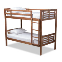 Baxton Studio MG0048-Walnut-Twin Bunk Bed Liam Modern and Contemporary Walnut Brown Finished Wood Twin Size Bunk Bed